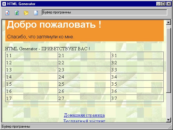 Результат генерации Web странички в окне просмотра HTML Generator