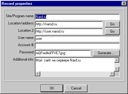 Окно заполнения персональных данных в программе: password, account, login, site, Web, e-mail, User name...